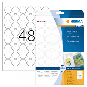 Etiket HERMA 4387 rond 30mm verwijderbaar wit 1200stuks