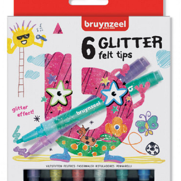 Viltstift Bruynzeel Kids glitter blister à 6 stuks assorti
