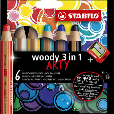 Kleurpotloden STABILO 880 woody 3 in 1 Arty inclusief puntenslijper assorti etui à 6 stuks