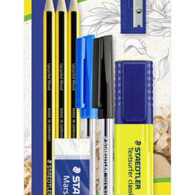 Schrijfset Staedtler inhoud 3 Noris potloden HB - 2 balpennen, markeerstift, gum en slijper