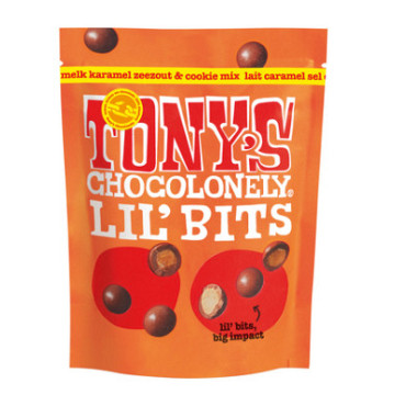 Chocolade Tony's Chocolonely Lil'Bits melk karamel zeezout biscuit 120 gram