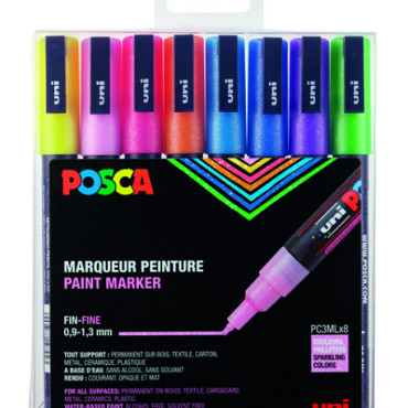 Paintmarker Uni POSCA PC3M fijn glitter pastel assorti set a 8 stuks