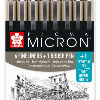 Fineliner Sakura Pigma Micron set à 6 schrijfbreedtes met brushpen en PN zwart