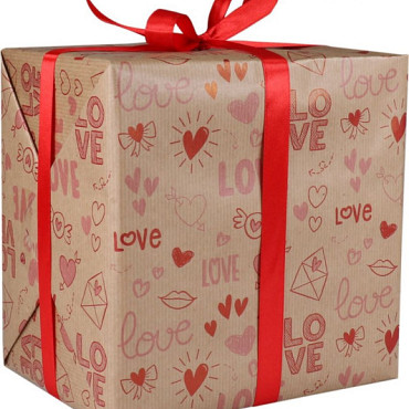 Cadeaupapier 30cm 200m 80gr/m bruin kraft  Love rood