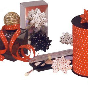Krullint dots wit op rood 10mm x 250 meter