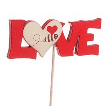 bijsteker Love + hartje 6.5x2.5cm op 20cm stok rood wit 24 stuks
