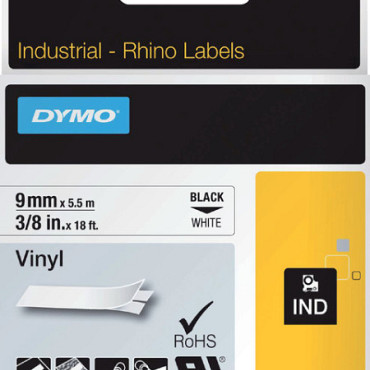 Labeltape Dymo Rhino 18443 9mmx5.5m vinyl zwart op wit