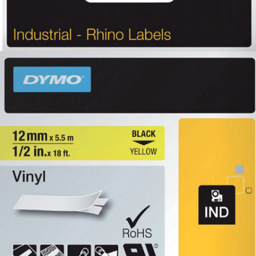 Labeltape Dymo Rhino 18432 12mmx5.5m vinyl zwart op geel