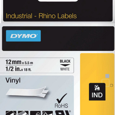 Labeltape Dymo Rhino 18444 12mmx5.5m vinyl zwart op wit