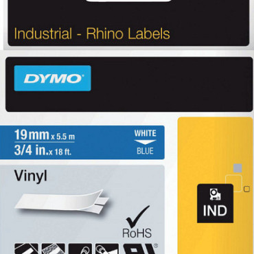 Labeltape Dymo Rhino 18054 19mmx5.5m vinyl wit op blauw