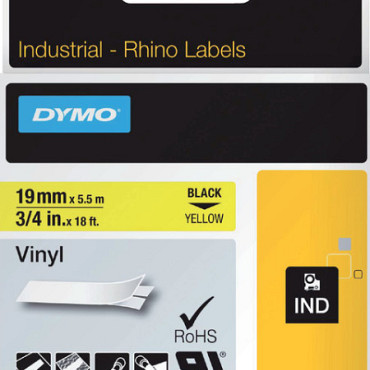 Labeltape Dymo Rhino 18433 19mmx5.5m vinyl zwart op geel