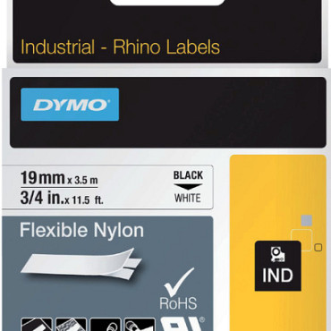 Labeltape Dymo Rhino 18489 19mmx3.5m flexibel nylon zwart op wit