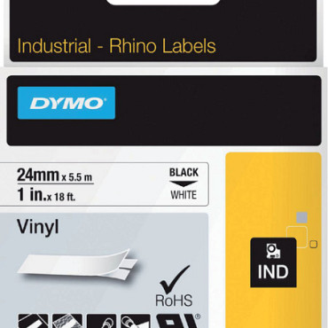Labeltape Dymo Rhino 18054 24mmx5.5m vinyl zwart op wit