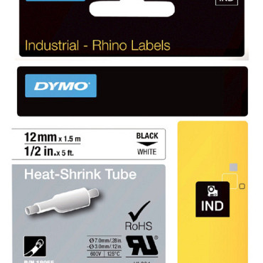 Labeltape Dymo Rhino 18055 12mmx1.5m krimpkous zwart op wit