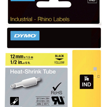 Labeltape Dymo Rhino 18056 12mmx1.5m krimpkous zwart op geel