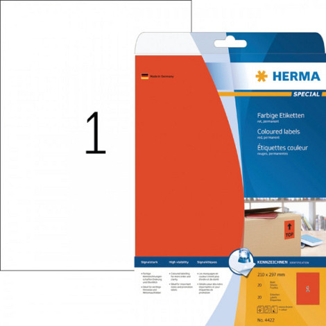 Etiket HERMA 4422 210x297mm A4 verwijderbaar rood 20stuks