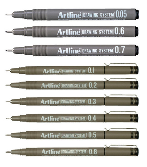 Fineliner Artline technisch etui met 0.1-0.3-0.5-0.7mm zwart