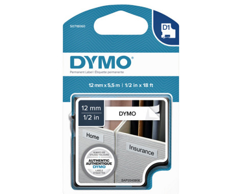 Labeltape Dymo D1 16959 718060 12mmx5.5m polyester zwart op wit
