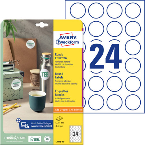Etiket Avery Zweckform L3415-10 rond 40mm wit 240stuks