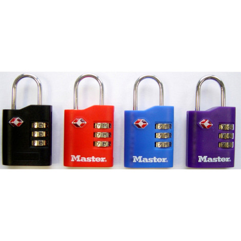 Hangslot Masterlock 3-cijfer combi TSA set van 2 sloten assorti in willekeurige kleur 30mm