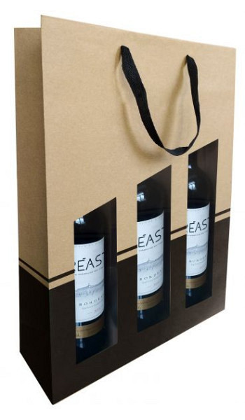 Wijnfleszak 3 fles 19x9.5X38.5cm Seduction kraft- zwart met venster 10 stuks