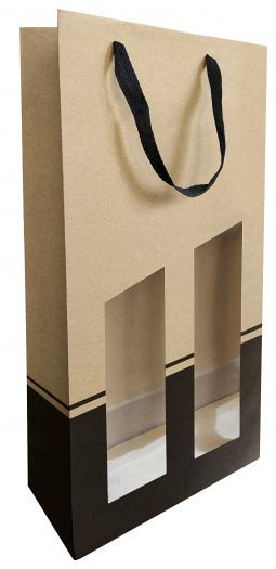 Wijnfleszak 2 fles 19x9.5X38.5cm Seduction kraft- zwart met venster 10 stuks