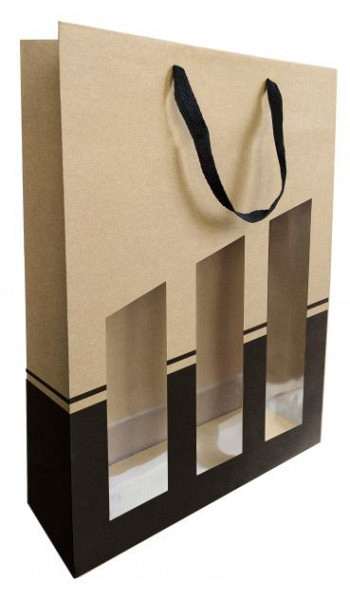 Wijnfleszak 3 fles 19x9.5X38.5cm Seduction kraft- zwart met venster 10 stuks