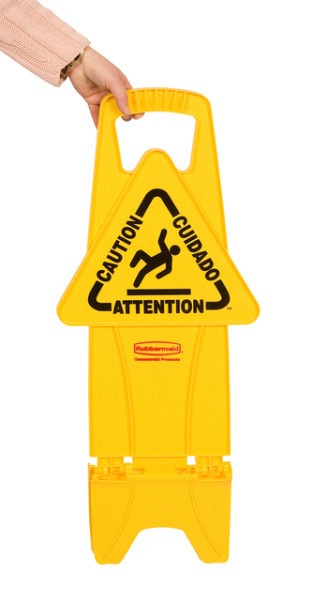 Waarschuwingsbord Rubbermaid tweezijdig meertalig met voet 66cm geel