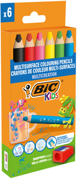 Kleurpotloden BicKids Multi Surface inclusief puntenslijper assorti pak à 6 stuks
