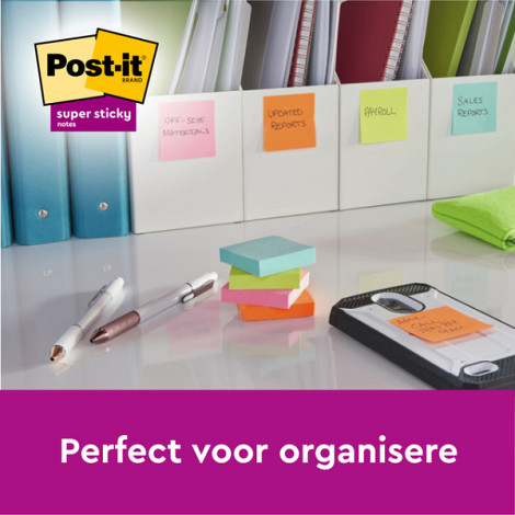 Memoblok Post-it 654 Super Sticky 76x76mm 21+3 gratis assorti