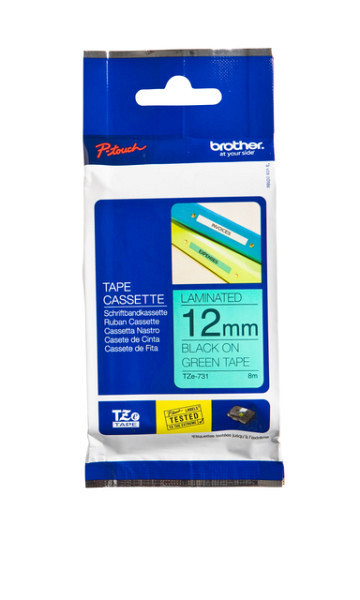 Labeltape Brother P-touch TZe-731 standaard 12mm zwart op groen