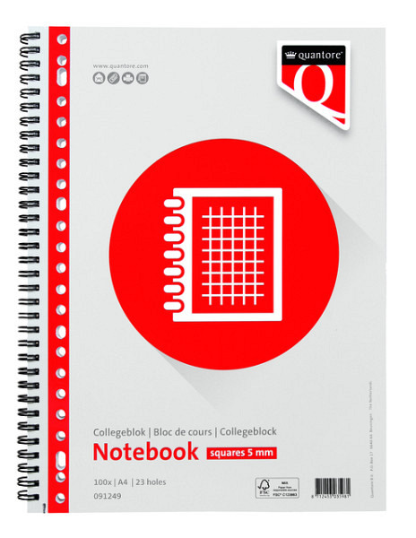 Collegeblok Quantore A4 ruit 5mm 23-gaats 200 pagina's 70gr