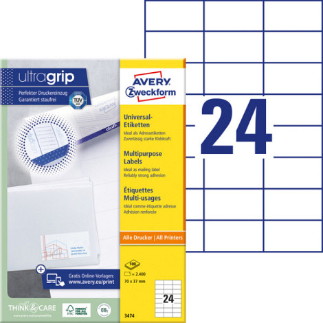 Etiket Avery Zweckform 3474 70x37mm wit 2400stuks