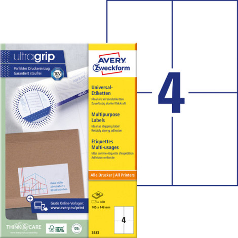 Etiket Avery Zweckform 3483 105x148mm A6 wit 400stuks