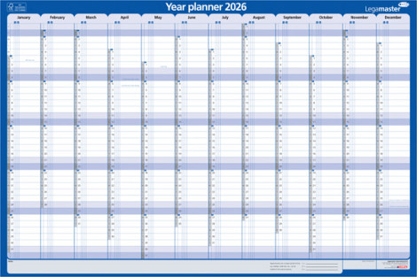 Jaarplanner 2026 Legamaster 1 persoon 90x60cm horizontaal gelamineerd Engelstalig