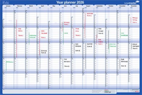 Jaarplanner 2026 Legamaster 1 persoon 90x60cm horizontaal gelamineerd Engelstalig