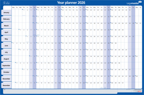 Jaarplanner 2027 Legamaster 90x60cm horizontaal gelamineerd en oprolbaar Engelstalig