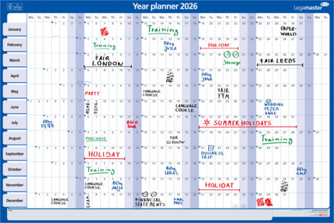 Jaarplanner 2027 Legamaster 90x60cm horizontaal gelamineerd en oprolbaar Engelstalig