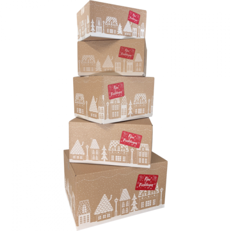 Kerstpakketdoos (A) 310x200x140mm dessin HUISJES 2025 per stuk