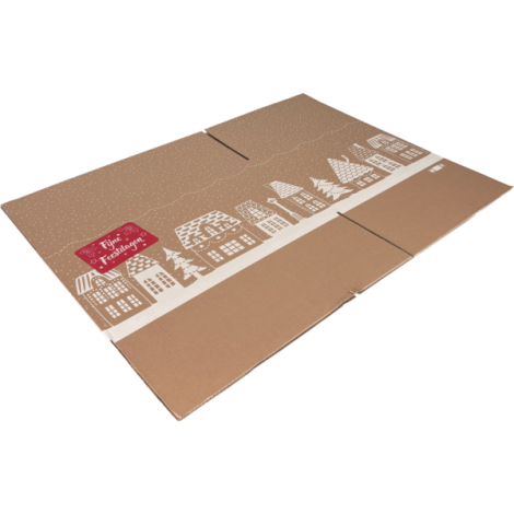 Kerstpakketdoos (A) 310x200x140mm dessin HUISJES 2025 per stuk