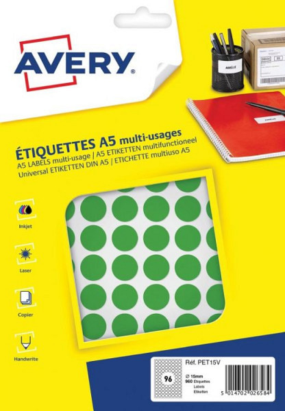 Etiket Avery A5 papier rond 15mm GROEN 960 stuks 96 per vel