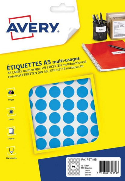 Etiket Avery A5 papier rond 15mm BLAUW  960 stuks 96 per vel