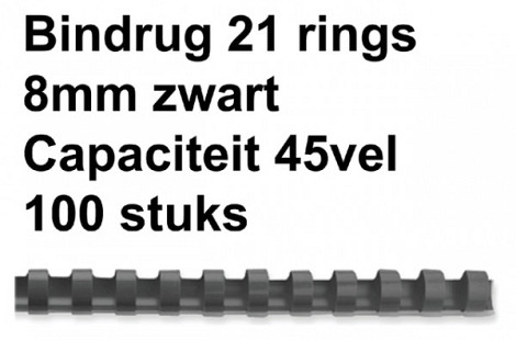Bindrug Fellowes 8mm 21rings A4 zwart 100stuks