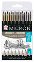 Fineliner Sakura Pigma Micron set à 6 schrijfbreedtes met brushpen en PN zwart