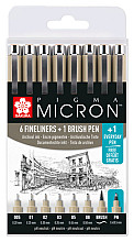 fineliner sakura pigma micron set 6 schrijfbreedtes met brushpen en pn zwart